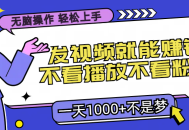 无脑操作，发视频就能赚钱，不看播放不看粉丝，小白轻松上手，一天1000+不是梦